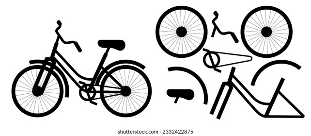 One-color silhouette of a bicycle and parts of a disassembled bicycle.