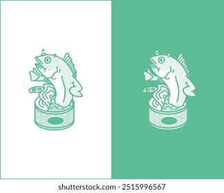 One-Color Tuna Coming Out of Can Cartoon Icon and Illustration – Fun Seafood Design for Branding, Merchandise, T-shirts, Posters, Apps, and Food-Themed Projects
