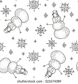 One-color winter seamless a pattern with snowmen and the snowflakes drawn by hand.Background in vector.