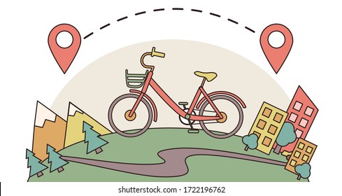 Un día en bicicleta desde la ciudad fuera del campo a montañas y bosques a lo largo del camino. Caminar en bicicleta deportiva desde la ciudad hasta las colinas. Estancamiento. Turismo local. Dibujo de dibujo plano vectorial con trazo.