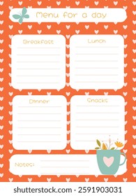 One-day menu template in a delicate romantic style with a cup and hearts