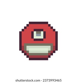 One-eyed angry red creature glad face with smile pixel art icon emoticon cartoon character 8-bit flat style. Show language emotion. Isolated abstract vector illustration.