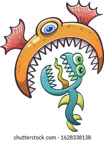 One-eyed aquatic monster with orange skin and spiny fins wide opening its mouth and showing its sharp teeth while getting ready to gobble a green creature that looks very scared