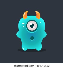 One-eyed Blue Alien Cute Childish Flat Vector Bright Color Drawing Isolated On Dark Background