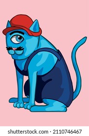 one-eyed blue cat in plumber costume