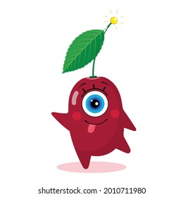 One-eyed cherry character. Isolated on a white background. Happy. Made in a vector. For children's textiles, prints, covers, packaging designs, souvenirs