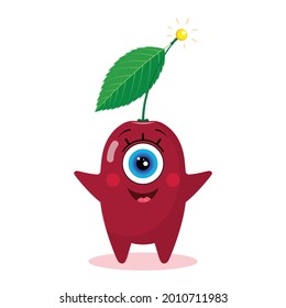 One-eyed cherry character. Isolated on a white background. Joyful. Made in a vector. For children's textiles, prints, covers, packaging designs, souvenirs