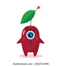 One-eyed cherry character. Isolated on a white background. Love. Made in a vector. For children's textiles, prints, covers, packaging designs, souvenirs