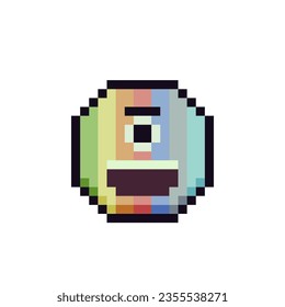 One-eyed enlightened glad face pixel art icon rainbow emoticon cartoon character. 8-bit flat style. Show language of emotion. Isolated abstract vector illustration.