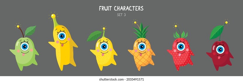 One-eyed fruit-berry characters on a dark gray background. A set of joyful emotions. Vector illustration. Flat style. For children's textiles, prints, covers, packaging designs, souvenirs