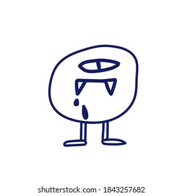 one-eyed monster in blue line doodle style. Vector isolated illustration on white background.
