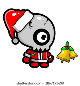 
One-eyed monster skull with Christmas bells icon