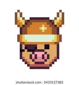 One-eyed pig with pink piglet and helmet with horns on head, smile, pixel art style. Cartoon character. 8-bit style. Isolated abstract vector illustration. 