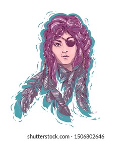 One-eyed pirate girl with beads and feathers in her hair. Portrait. Emblem. Symbol. Sticker. Hand-drawn vector image.