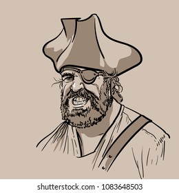 One-eyed pirate with hat. Portrait. Digital Sketch Hand Drawing Vector. Illustration.
