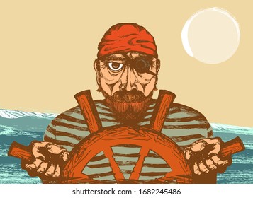 One-eyed pirate in a red scarf and striped vest holds a ship's helm in his hands. In the background there are waves and the sun in a haze. Sketch. Vector illustration