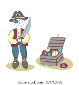 One  eyed pirate and sword in his hand standing next to treasure chest  Simple vector illustration for children  isolated white background 