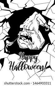 one-eyed pumpkin with a tongue emerges from a crack in the wall. Happy Halloween Text. Poster. Vector