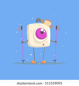 One-eyed Square White Monster On Skis In Winter