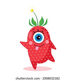 One-eyed strawberry character. Isolated on a white background. Happy. Made in a vector. For children's textiles, prints, covers, packaging designs, souvenirs