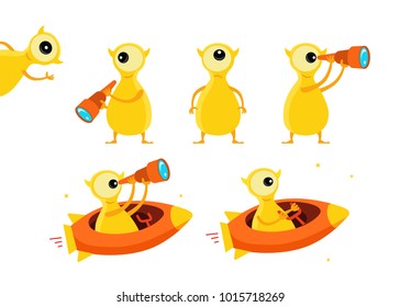One-eyed yellow alien character set. With telescope search. On rocket starfish. Flat color vector illustration stock clipart