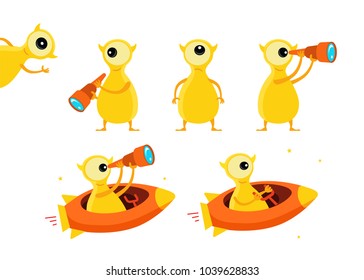One-eyed yellow alien character set. With telescope search. On rocket starfish. Flat color vector illustration stock clipart