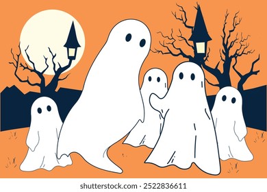 um fantasma branco de uma face em uma cena laranja de Halloween.