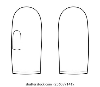 One-Fingered Mitten Gloves Fashion hand accessory clothing technical illustration garment. Vector front palm back view for Men, women style flat template CAD mockup sketch outline on white background