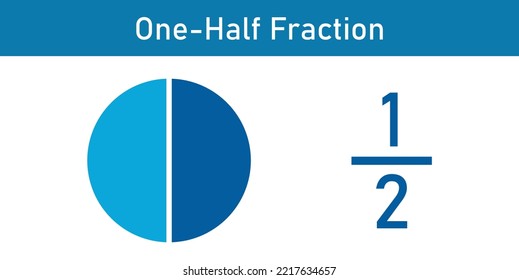 One-half Fraction Circle With Fraction Number. Fraction Parts. Numerator, Denominator And Dividing Line. Scientific Vector Illustration Isolated On White Background.