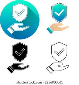 One-Hand Holding Quality Protection Shield Asset Finance Icon, Set of Flat Long Shadow, Black-White Silhouette, Line Art Logo Icon Symbol Isolated on White Background Financial, Bank