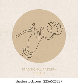 One-handed pose with flowers. Avalokitesvara hands, bergamot hands, beautiful hands, slender hands. Vector lineart. Hinduism, Yoga, Buddhism, Zen. Asia, South Asia, Southeast Asia, India, Thailand.