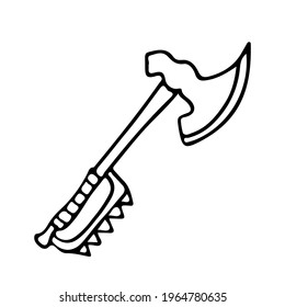 One-handed spiked axe in doodle style isolated.