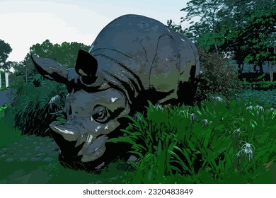 One-horned rhino is eating grass in a green park, digital painting