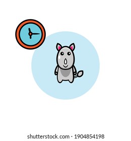 One-horned rhinoceros vector design looking at a clock
