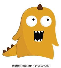 A one-horned yellow monster with spines on its tail eyes rolled up, fang teeth exposed while mouth wide opened as if to explode with rage, vector, color drawing or illustration. 