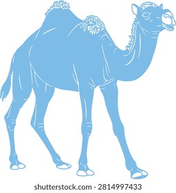 A one-humped camel standing straight side view, blue silhouette illustration with lines
