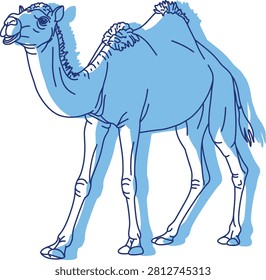 A One-Humped Camel Is Walking Side View, Sketch Line Illustration with Blue Silhouette	