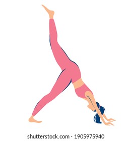 One-Leg Down Dog pose, the girl is engaged in yoga. Flat modern illustrations for beauty, spa, wellness, natural products, cosmetics, body care. Vector illustration isolated on white background. 