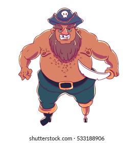 One-legged, bearded pirate in a cocked hat with a skull. Naked torso. Curved sword. Vector character design isolated on white background.