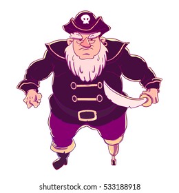 One-legged, bearded pirate in a cocked hat with a skull. Man in coat. Curved sword. Vector character design isolated on white background.