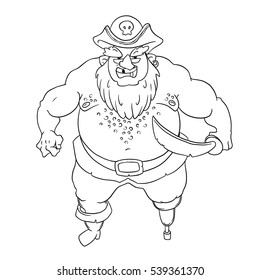 One-legged, bearded pirate in a cocked hat with a skull. Naked torso. Curved sword. Vector character design isolated on white background. Coloring page
