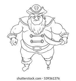 One-legged, bearded pirate in a cocked hat with a skull. Man in coat. Curved sword. Vector character design isolated on white background. Coloring page