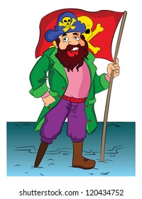 One-legged Bearded Pirate Holding a Flag, vector illustration