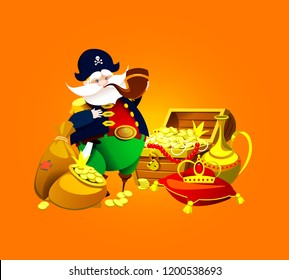 One-legged pirate captain with treasure. Vector illustration