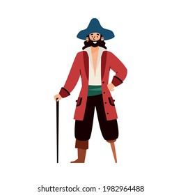 One-legged pirate or corsair cartoon character in ancient costume and hat, flat vector illustration isolated on white background. Ancient marine filibuster or pirate.