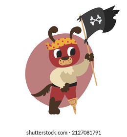 One-legged pirate dog holding flag. Anthropomorphic animal in flat style