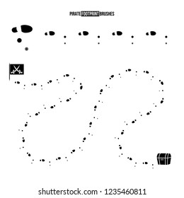 One-legged pirate footprints isolated on white background. Vector black one-legged pirate footprints brush and playing field with flag and treathure chest