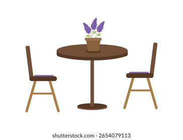 A one-legged table and chairs in a cozy cafe. Lilac flowers in a pot. An illustration for a cute coffee shop. Summer veranda.