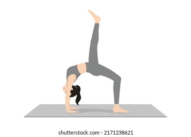 One-Legged Wheel Pose. Beautiful girl practice Eka Pada Urdhva Dhanurasana. Young attractive woman practicing yoga exercise. working out, black wearing sportswear, grey pants and top, indoor full