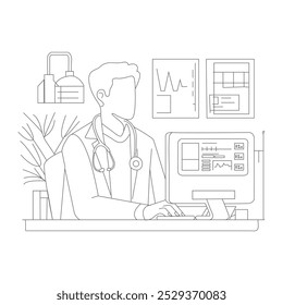 One-line art of a doctor with a stethoscope, sitting at a desk with a computer displaying medical data. The doctor wears a white coat over a green shirt, with a beige background, a lamp, 